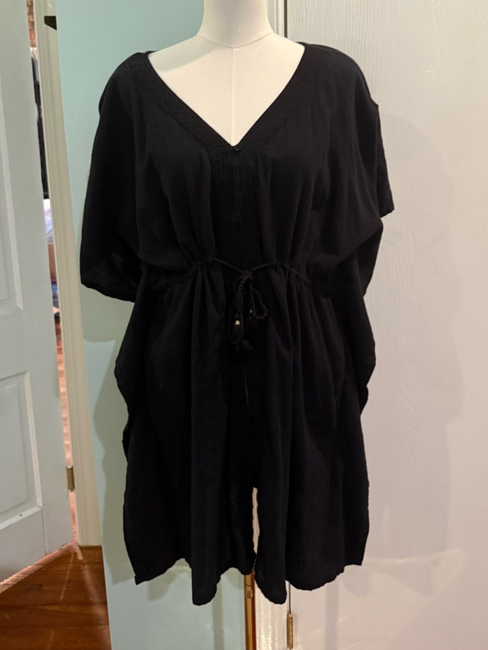 Old Navy Black Cotton V-Neck Swim Coverup with Drawstring